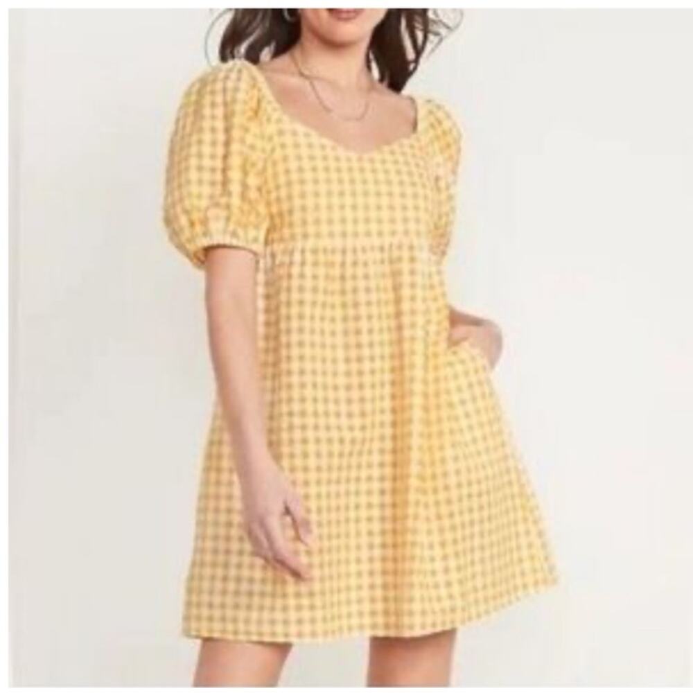 Old Navy Butter Yellow Seersucker Puffed Sleeve Dress Size L Sweetheart Neckline - Picture 2 of 10
